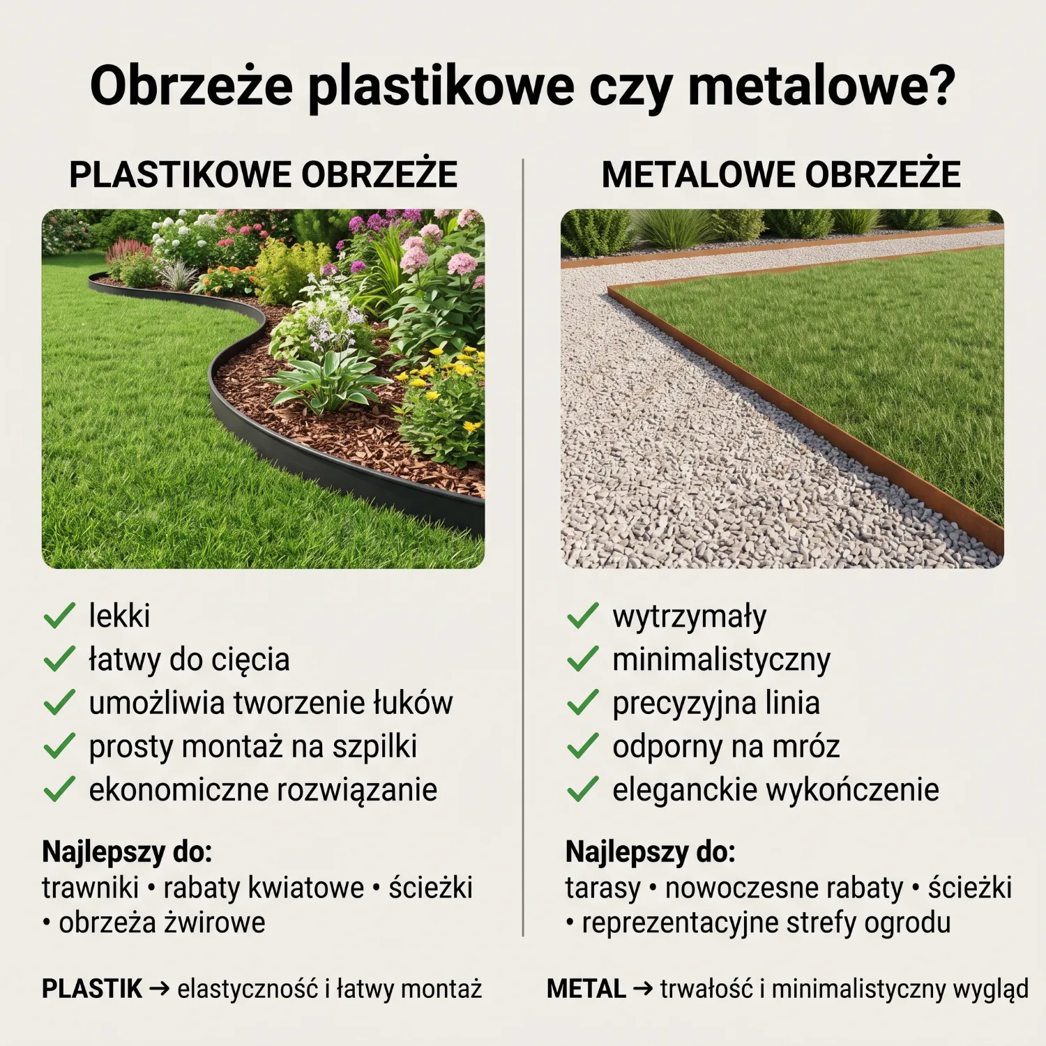 Cienkie stalowe obrzeże w kolorze rdzawym oddziela żwirową ścieżkę od zielonego trawnika w nowoczesnym ogrodzie, tworząc estetyczne krawędzie, które podkreślają przestrzeń i poprawiają wygląd ścieżek. Obrzeża ogrodowe pełnią funkcję stabilizacji i wydzielają różne strefy w ogrodzie, co sprzyja lepszej organizacji przestrzeni.
